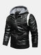 Mens Patchwork Zip Front Drawstring Hooded PU Jackets With Pockets - Black