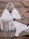 Women Hollow Out Tassel Trims Backless Weave Halter Holiday Beach Bikinis - White