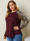 Leopard Print Raglan Sleeve O-neck Plus Size Blouse for Women - Wine Red