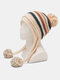 Women Knitted Plus Velvet Ear Protection Color-match Striped Fur Ball Decoration Warmth Beanie Hat - Beige