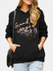 Women Letter Print Long Sleeve Casual Hoodie With Pocket - Black