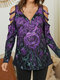 Rose Print Zip Front Hollow Long Sleeve Plus Size T-shirt - Purple