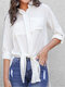 Split Solid Color Knot Front Pockets Plus Size Long Shirt  - White