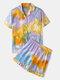 Women Tie Dye Pajamas Set Softies Short Sleeve Top With Pocket Flounce Trim Bottom Loungewear - Yellow