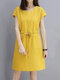 Solid Drawstring Waist Pocket Short Sleeve Casual Dress - Yellow