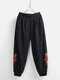 Vintage Floral Embroidery Elastic Waist Pants Loose With Pockets - Black
