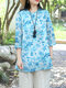 Women Floral Print Side Button Design 3/4 Sleeve Blouse - Blue