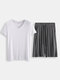Men Plain Short Sleeve Pajamas Set Two Pieces Casual Loungewear - Dark Gray