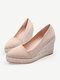 Women Casual Solid Color Hard-wearing Pointed Toe Wedges Heel Woven Espadrille Loafers Shoes - Apricot