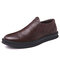 Men Carved Leather Elastic Panels Non-slip Slip On Casual Formal Shoes - Brown