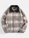 Mens Plaid Woolen Cotton Button Thick Casual Lapel Jacket With Side Pockets - Khaki