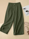 Women Solid Pleated Cotton Casual Pants With Pocket - Army Green