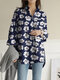 Women Floral Print Lapel High-Low Hem Long Sleeve Shirt - Blue