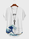メンズ 日本の浮世絵プリント カーブヘム 半袖 Tシャツ - 白い