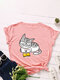 Cartoon Cat Printed O-neck Short Sleeve T-shirt - Pink 1