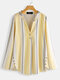 Striped V-neck Long Sleeve Button Casual Blouse - Yellow