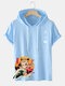 Mens Sushi Cat Graphic Japanese Style Short Sleeve Hooded T-Shirts - Blue