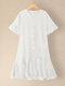 Solid Color Pleated Puff Sleeve Button V-neck Casual Dress - White