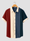 Mens Color Block Patchwork Chest Pocket Casual Short Sleeve Shirts - Wine Red