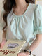 Solid Puff Sleeve Smocked Crew Neck Casual Blouse - Green