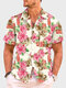 Mens Floral Print Revere Collar Short Sleeves Shirts - Pink