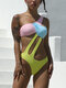 Women Patchwork Cut Out One Shoulder Open Back One Piece Swimsuit - Pink