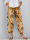 Flowers Print Elastic Waist Plus Size Casual Pants for Women - Yellow