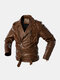 Mens Vintage Zipper Up Button Designer Belted Pocket Leather Jackets - Brown