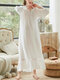 Women Frill Tie Neck Lace Insert Ruffle Cotton Cozy Nightdress - White