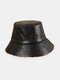 Men & Women PU Leather Wool Warm Fashion Winter Bucket Hat - Black