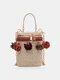 JOSEKO Women's Straw Travel Holiday Cylindrical Tassel Flower Ethnic Woven Bag Cylindrical Bucket Bag - White