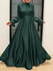Women Solid Satin Stand Collar Muslim Long Sleeve Maxi Dress - Dark Green