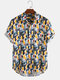 Mens Cool Graffiti Stripe Chest Pocket Breathable Short Sleeve Shirts - Yellow