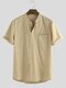 Mens 100% Cotton Breathable Short Sleeve Summer Plain Loose Casual Henley Shirt - Khaki