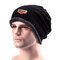 Male Knitted Slouch Beanie Hat Lining Plush Double Layers Winter Warm Ski Outdoor Cap - Black