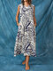 Tropical Leaf Print V-neck Sleeveless Plus Size Holiday Dress with Pocket - Blue