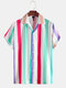 Mens Colorful Rainbow Striped Printed Short Sleeve Shirt - Colorful
