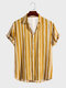 Mens Striped Lapel Collar Casual Short Sleeve Shirts - Yellow
