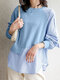Women Striped Patchwork Crew Neck Button Sleeve Design Casual Blouse - Blue