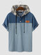 Mens Contrast Patchwork Short Sleeve Preppy Hooded T-Shirts With Pocket - Blue