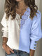 Patchwork Lace Lantern Sleeves Plus Size Casual Sweater With Button - Blue