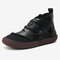 حذاء نسائي كلاسيكي من الجلد المدبوغ مرقع Strappy على شكل حرف V بسحاب للكاحل - أسود