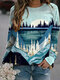 Landscape Print O-neck Casual Long Sleeve Sweatshirt For Women - Blue