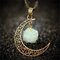 Vintage Metal Natural Stone Crystal Necklace Geometric Hollow Moon Pendant Necklace Sweater Chain - Green