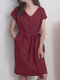 Solid Pocket V-neck Short Sleeve Dress With Belt - Wine Red