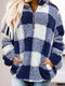Plaid Long Sleeve Lapel Collar Zipper Front Pocket Sweatshirt For Women - Blue