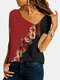 Асимметричная блузка с длинным рукавом в стиле пэчворк с ситцевым принтом Plus Размер для Женское - Красный