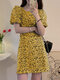 Puff Sleeve Allover Floral Print A-line Crew Neck Dress - Yellow