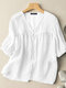 Lace Panel Solid V-neck Button Front 3/4 Sleeve Blouse - White