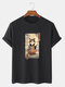 Mens Japanese Noodle Cat Graphic Short Sleeve Cotton T-Shirts - Black